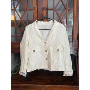 Sundance Womens Linen Blend Blazer Floral Accent Cuff Jacket‎ Size M